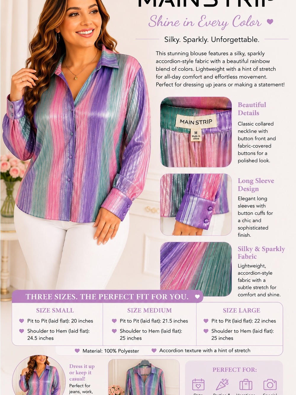 Main Strip Rainbow Silky Sparkle Button-Front Blouse in Pink, Purple, Green